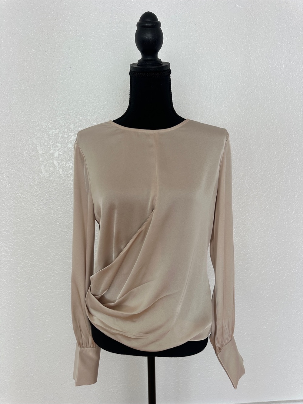 Express Draped Long-Sleeve Blouse in Light Beige